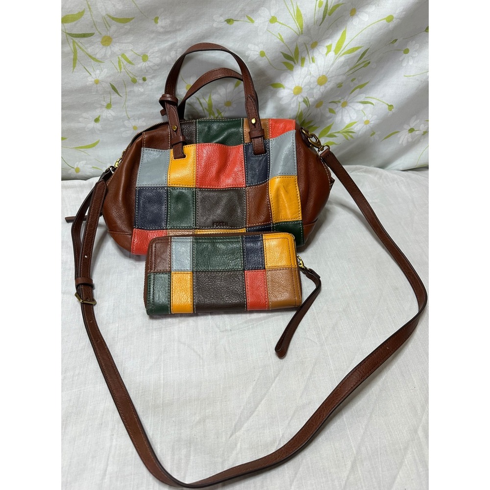 Fossil Patchwork Leather Satchel Crossbody Bag and Matching Wallet Set Multi